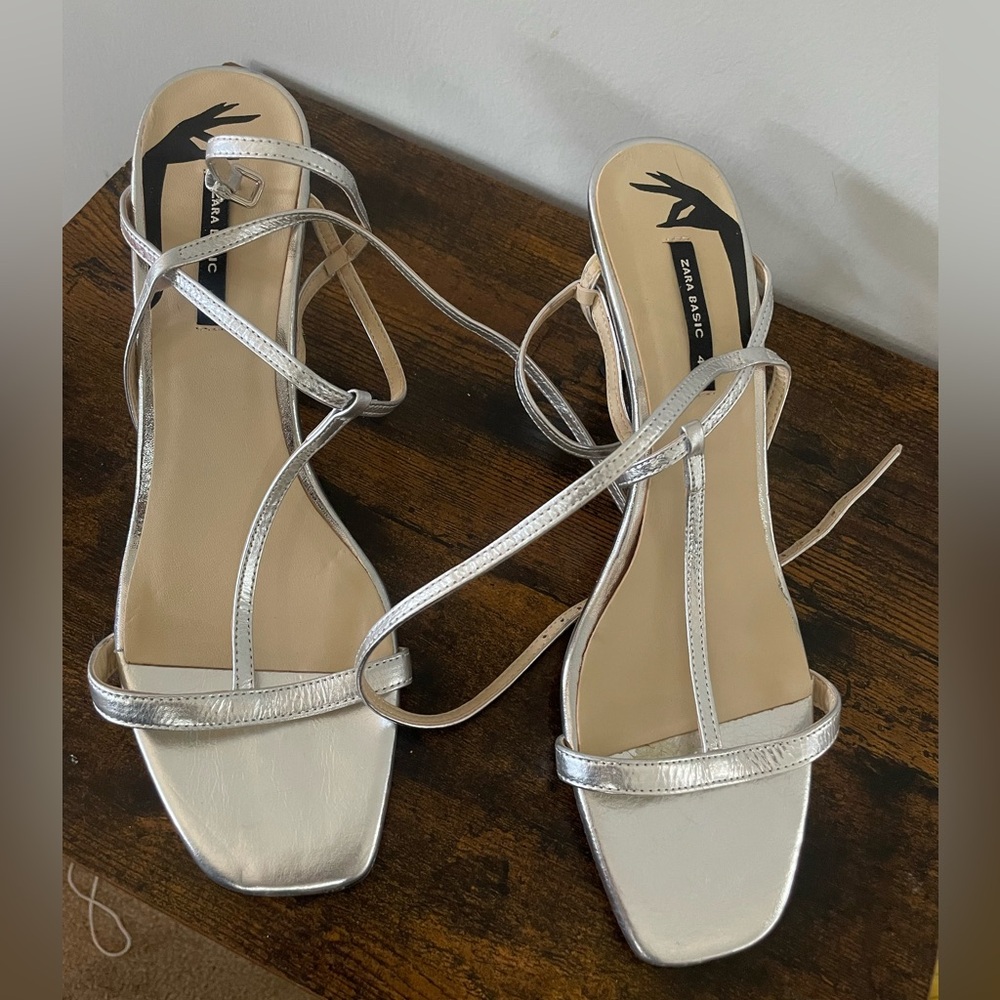 Zara Metallic Silver Strappy Sandals